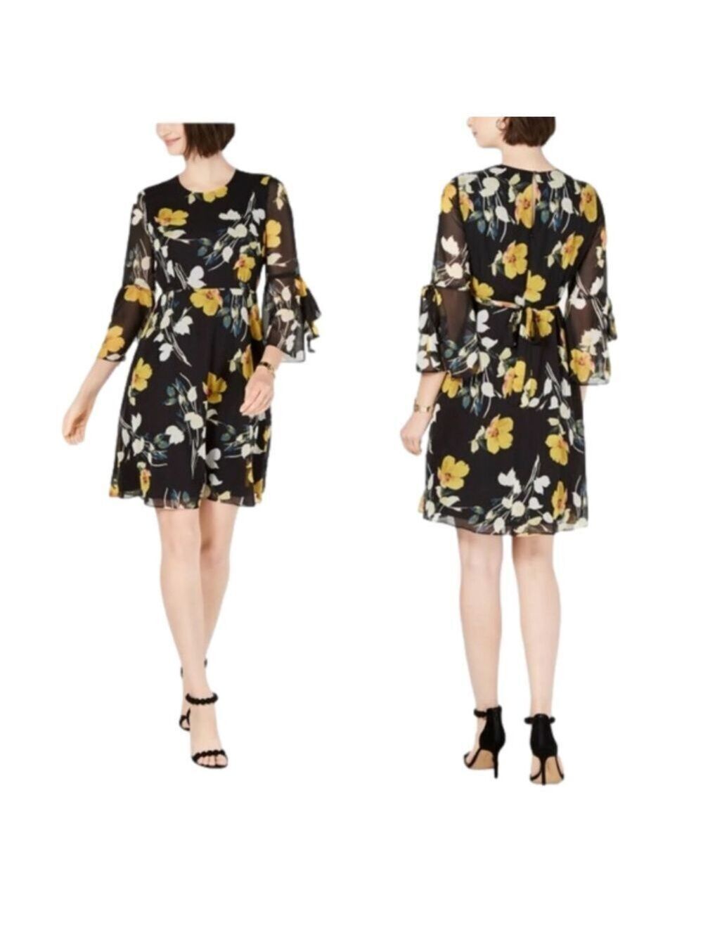 INC International Concepts Floral Bell-Sleeve Dress Sz 6 Boho Black Yellow